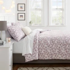 Reversible Microfiber Printed Comforter Ivory/Light Purple Floral - Room Essentials™