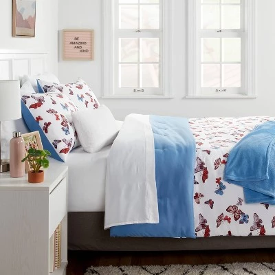 Butterfly Print Microfiber Decorative Bed Set with Throw Blue/Red/White - Room Essentials™ 3 Butterfly Print Microfiber Decorative Bed Set with Throw Blue/Red/White - Room Essentials™